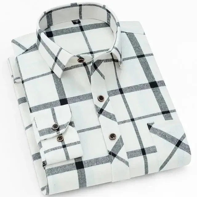 100% Cotton Flannel Men's Plaid Shirt Slim Fit Spring Autumn Male Brand Casual Long Sleeved Shirts Soft Comfortable 4XL