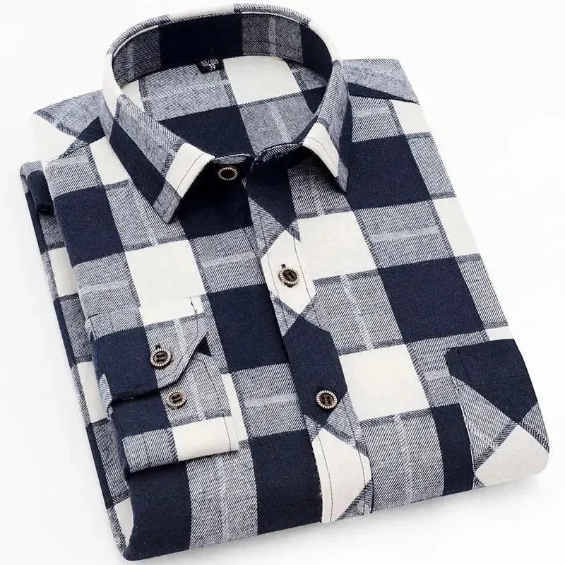 100% Cotton Flannel Men's Plaid Shirt Slim Fit Spring Autumn Male Brand Casual Long Sleeved Shirts Soft Comfortable 4XL
