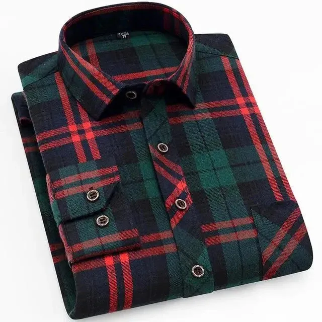100% Cotton Flannel Men's Plaid Shirt Slim Fit Spring Autumn Male Brand Casual Long Sleeved Shirts Soft Comfortable 4XL