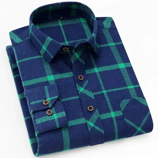100% Cotton Flannel Men's Plaid Shirt Slim Fit Spring Autumn Male Brand Casual Long Sleeved Shirts Soft Comfortable 4XL