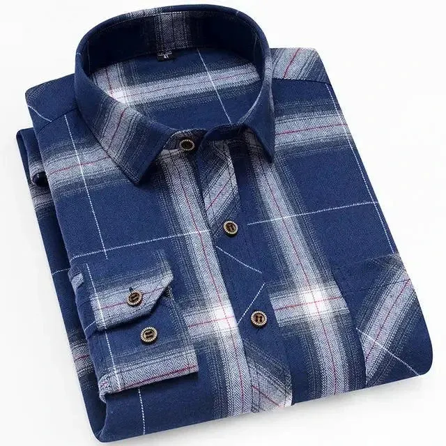 100% Cotton Flannel Men's Plaid Shirt Slim Fit Spring Autumn Male Brand Casual Long Sleeved Shirts Soft Comfortable 4XL