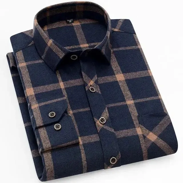 100% Cotton Flannel Men's Plaid Shirt Slim Fit Spring Autumn Male Brand Casual Long Sleeved Shirts Soft Comfortable 4XL