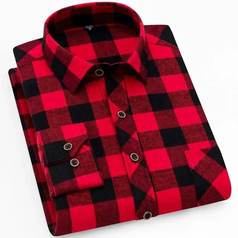 100% Cotton Flannel Men's Plaid Shirt Slim Fit Spring Autumn Male Brand Casual Long Sleeved Shirts Soft Comfortable 4XL