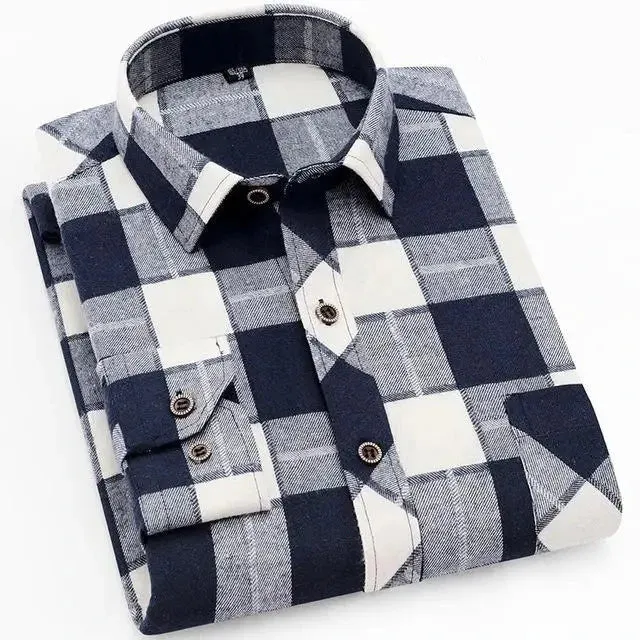 100% Cotton Flannel Men's Plaid Shirt Slim Fit Spring Autumn Male Brand Casual Long Sleeved Shirts Soft Comfortable 4XL
