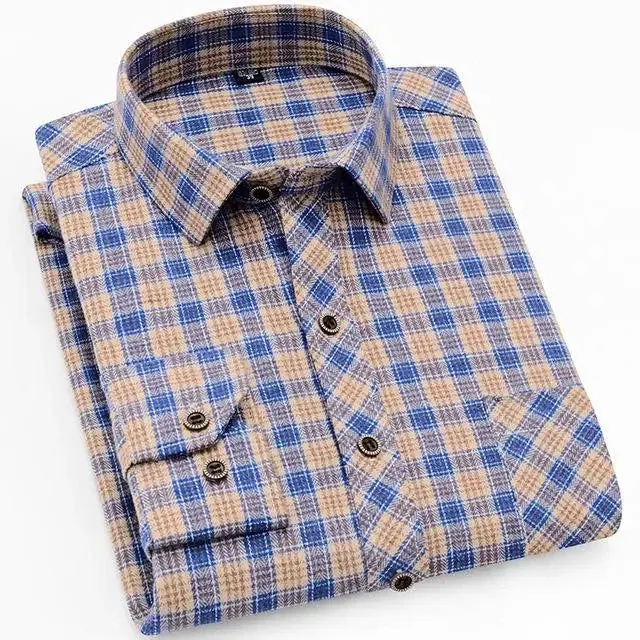 100% Cotton Flannel Men's Plaid Shirt Slim Fit Spring Autumn Male Brand Casual Long Sleeved Shirts Soft Comfortable 4XL
