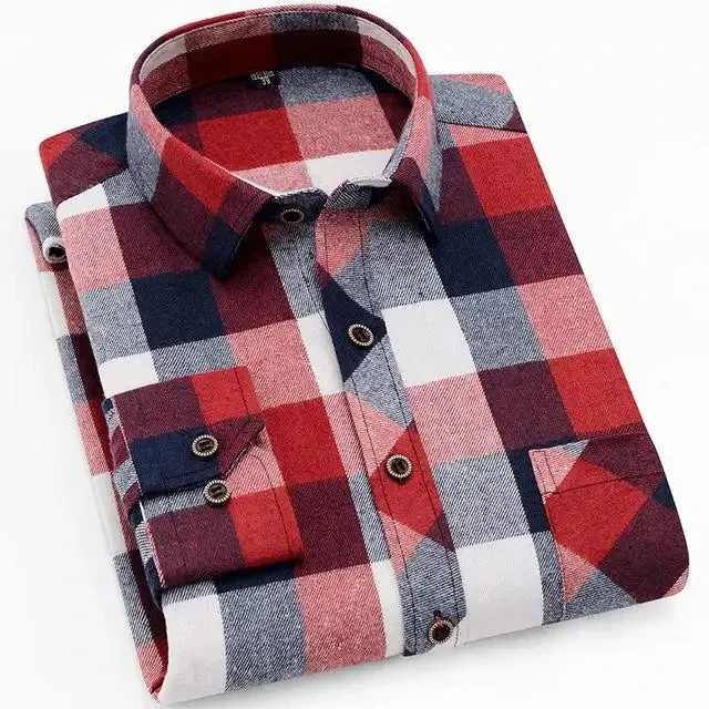 100% Cotton Flannel Men's Plaid Shirt Slim Fit Spring Autumn Male Brand Casual Long Sleeved Shirts Soft Comfortable 4XL