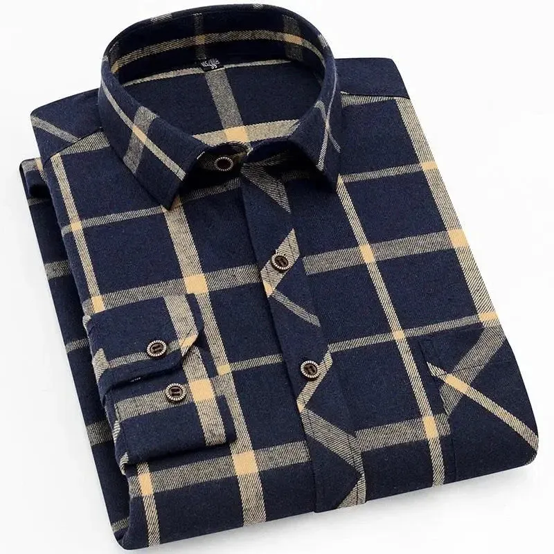 100% Cotton Flannel Men's Plaid Shirt Slim Fit Spring Autumn Male Brand Casual Long Sleeved Shirts Soft Comfortable 4XL
