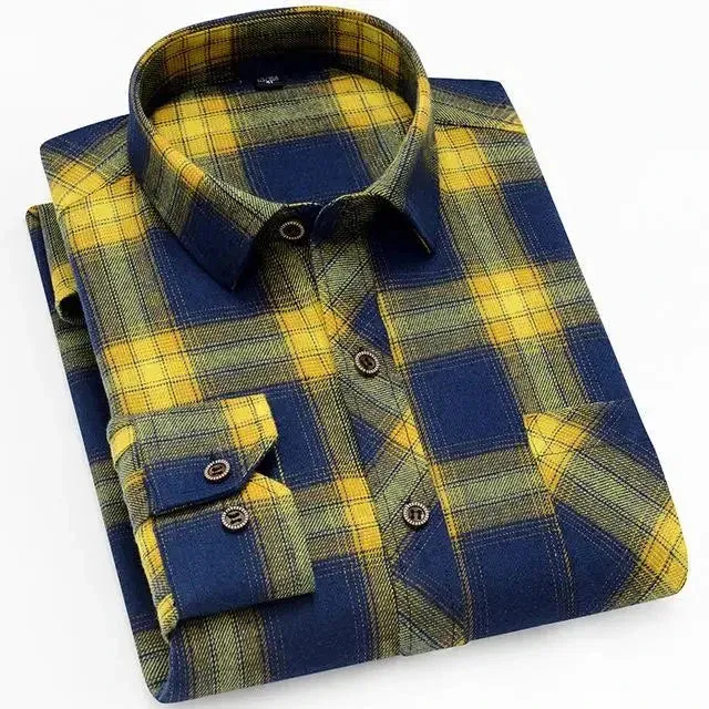 100% Cotton Flannel Men's Plaid Shirt Slim Fit Spring Autumn Male Brand Casual Long Sleeved Shirts Soft Comfortable 4XL