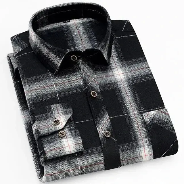 100% Cotton Flannel Men's Plaid Shirt Slim Fit Spring Autumn Male Brand Casual Long Sleeved Shirts Soft Comfortable 4XL