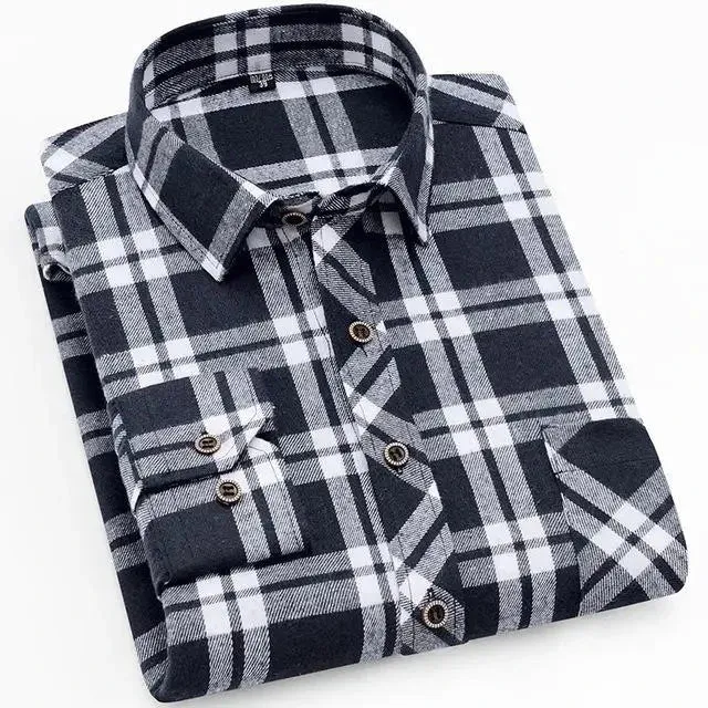 100% Cotton Flannel Men's Plaid Shirt Slim Fit Spring Autumn Male Brand Casual Long Sleeved Shirts Soft Comfortable 4XL
