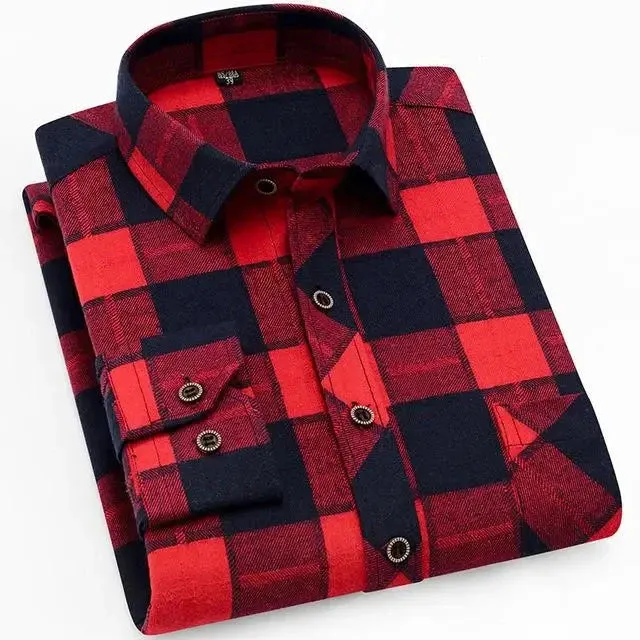 100% Cotton Flannel Men's Plaid Shirt Slim Fit Spring Autumn Male Brand Casual Long Sleeved Shirts Soft Comfortable 4XL