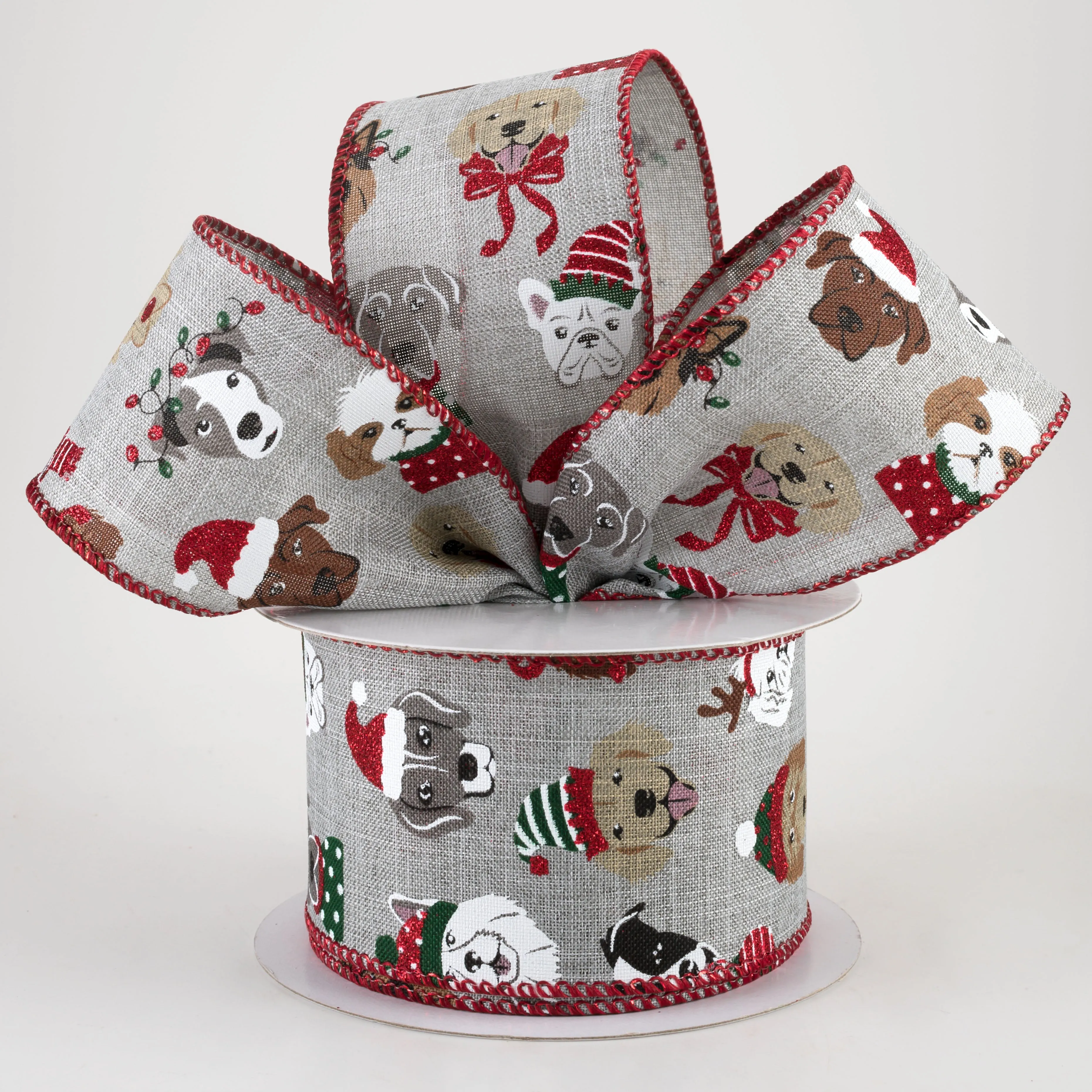2.5" Christmas Dogs Ribbon: Light Grey (10 Yards)
