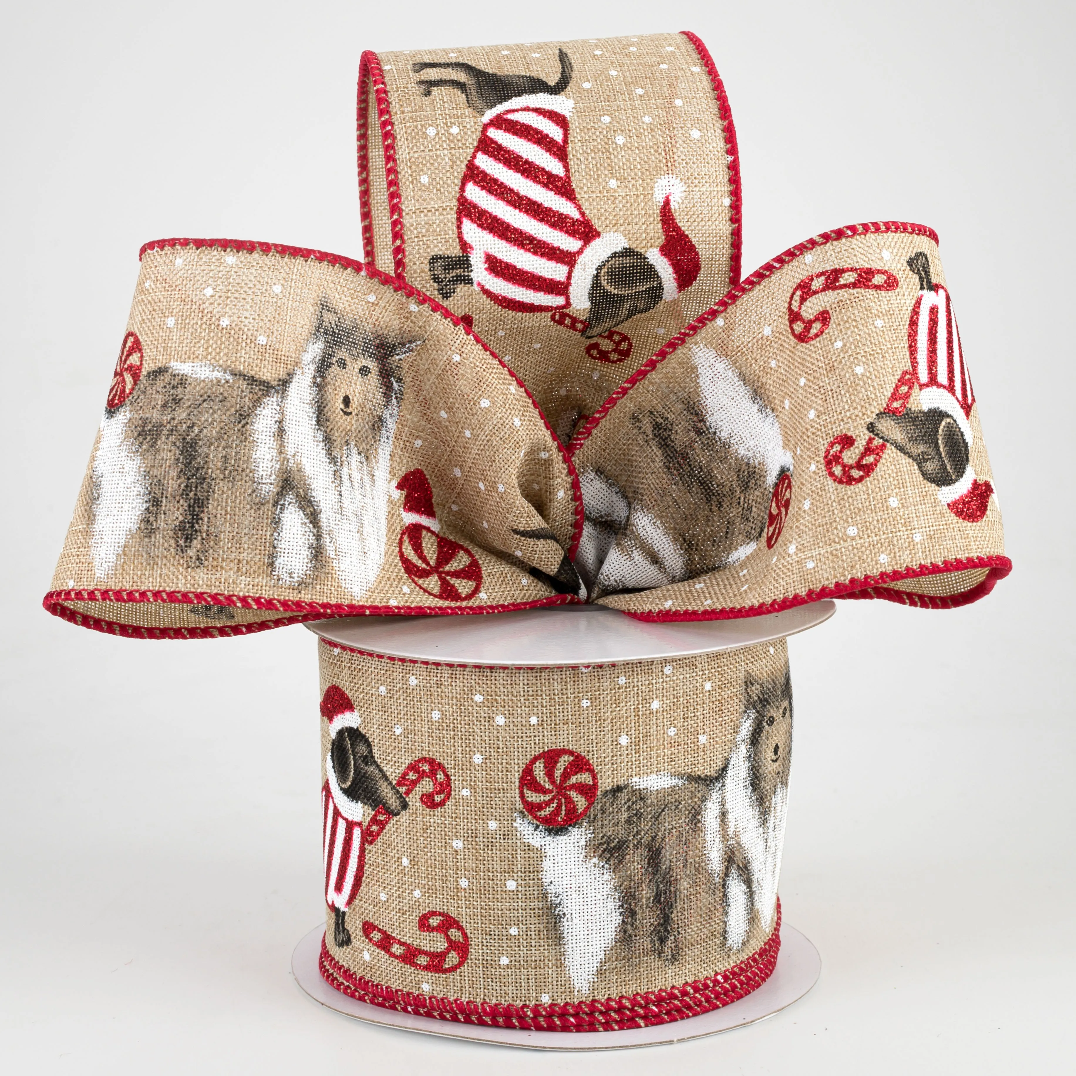 2.5" Christmas Dogs Ribbon: Natural (10 Yards)