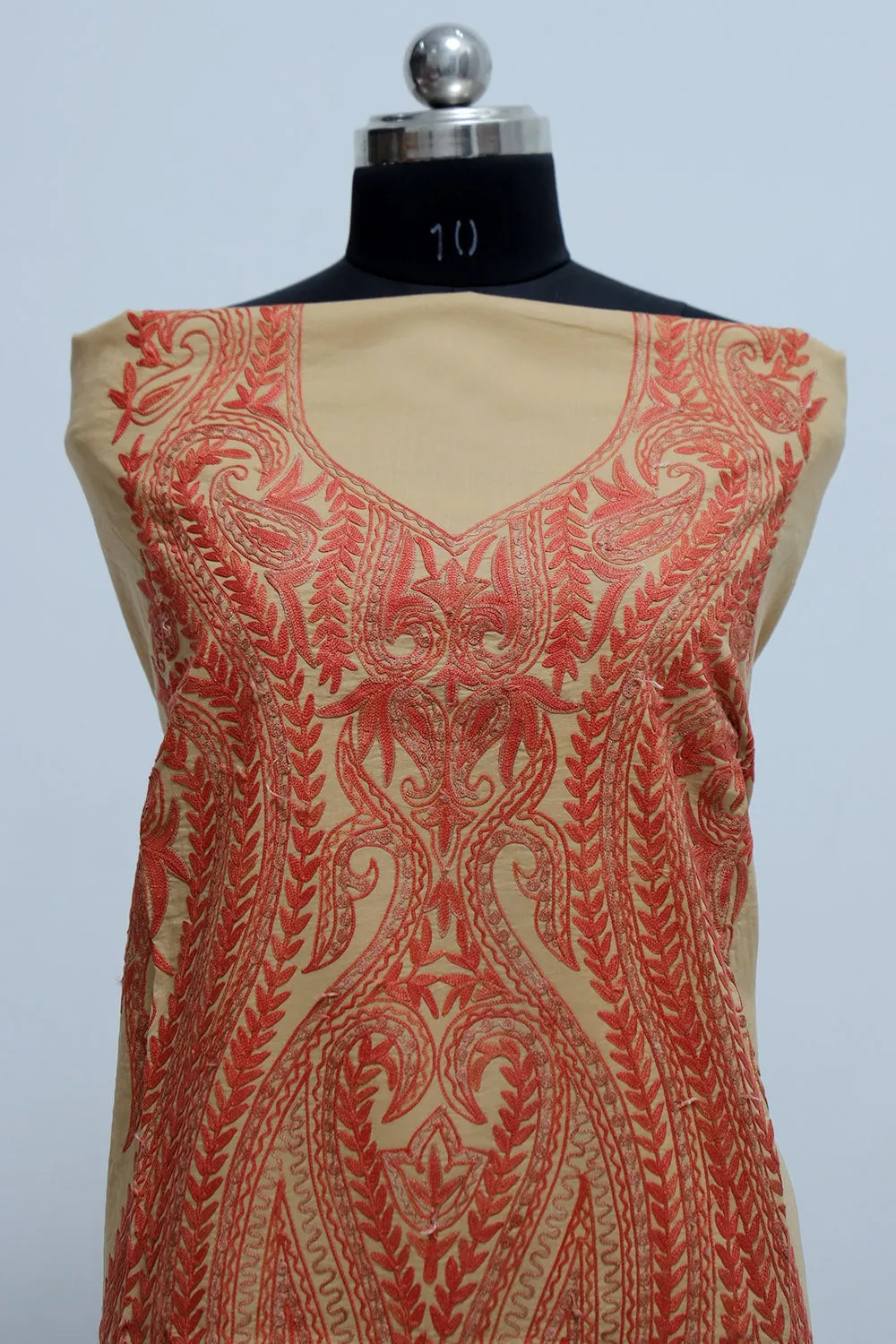 Beige Colour Kashmiri Aari Work Embroidered Cotton Suit With Heavy Fish Jaal Pattern.