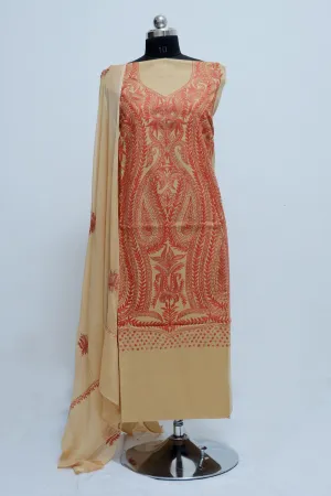 Beige Colour Kashmiri Aari Work Embroidered Cotton Suit With Heavy Fish Jaal Pattern.