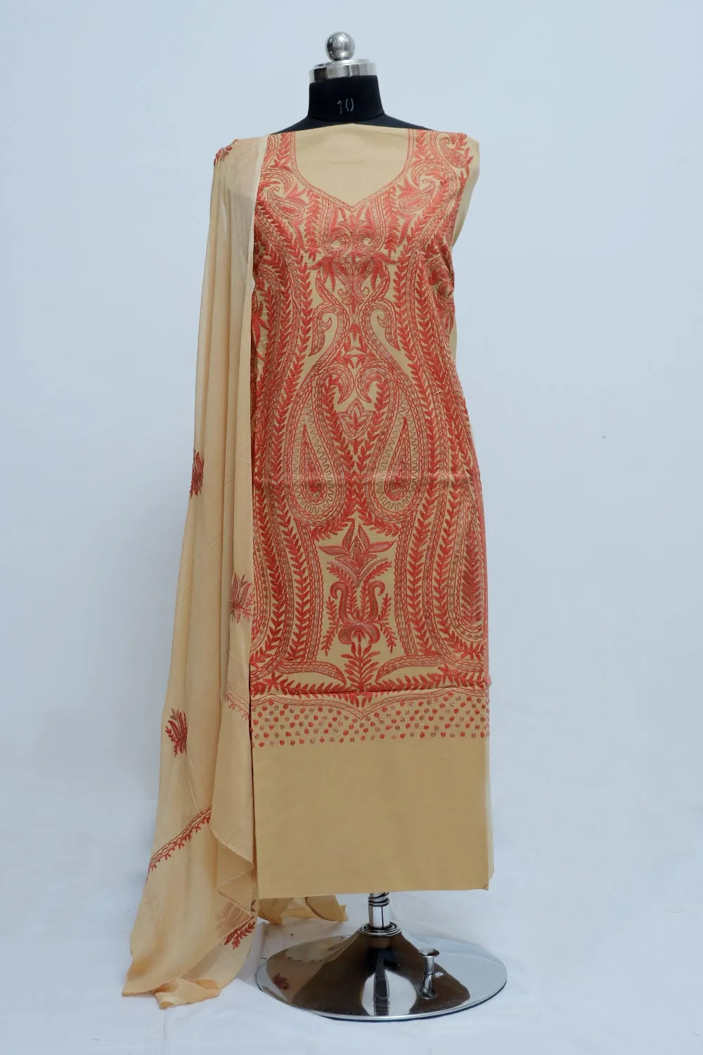 Beige Colour Kashmiri Aari Work Embroidered Cotton Suit With Heavy Fish Jaal Pattern.