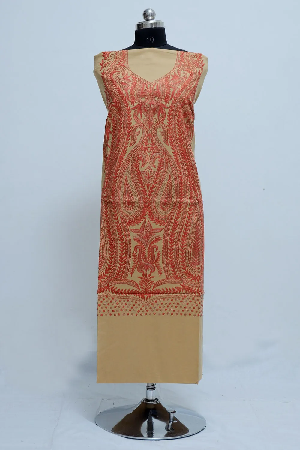 Beige Colour Kashmiri Aari Work Embroidered Cotton Suit With Heavy Fish Jaal Pattern.