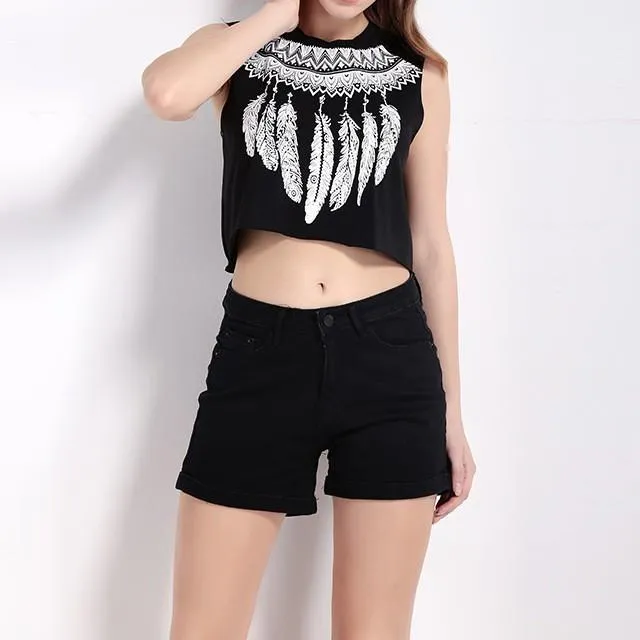 Cotton Feather Print Mini Round neck Vests