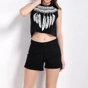 Cotton Feather Print Mini Round neck Vests
