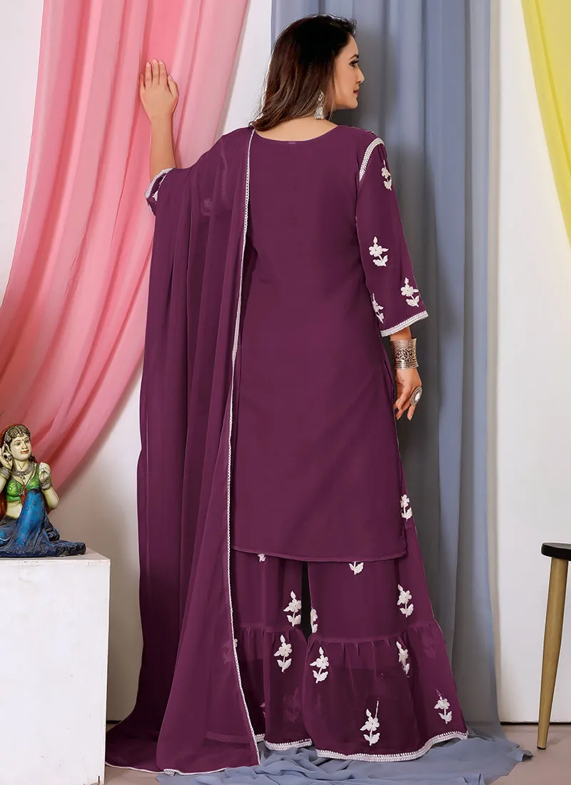 Deep Wine Lucknowi Thread Embroidery Palazzo Suit