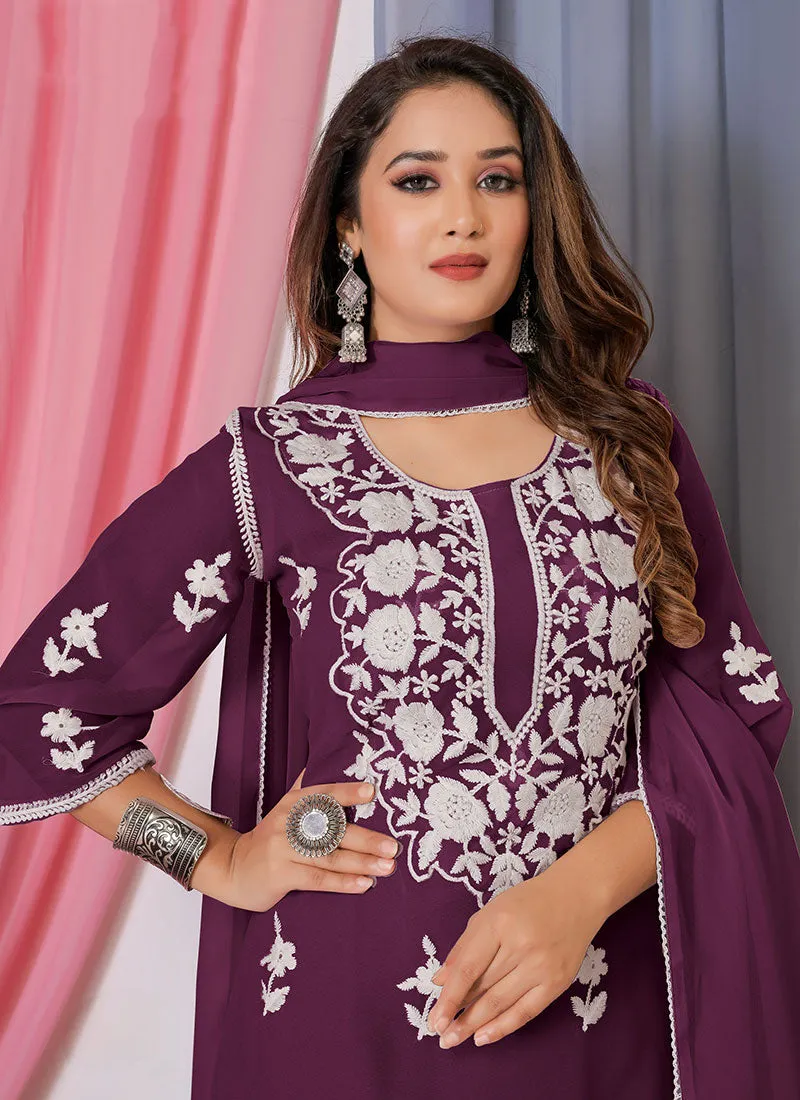 Deep Wine Lucknowi Thread Embroidery Palazzo Suit