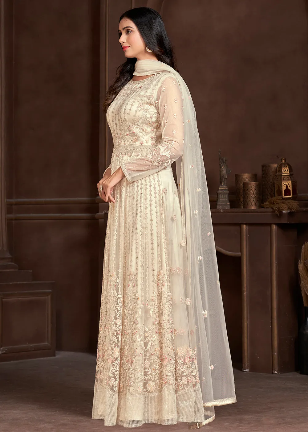 Elegant Off White Butterfly Net Designer Anarkali Suit