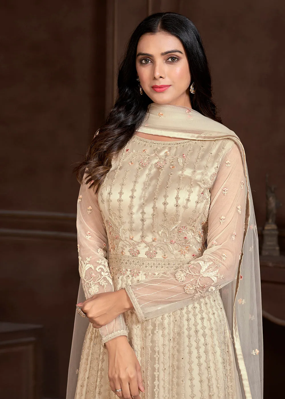 Elegant Off White Butterfly Net Designer Anarkali Suit