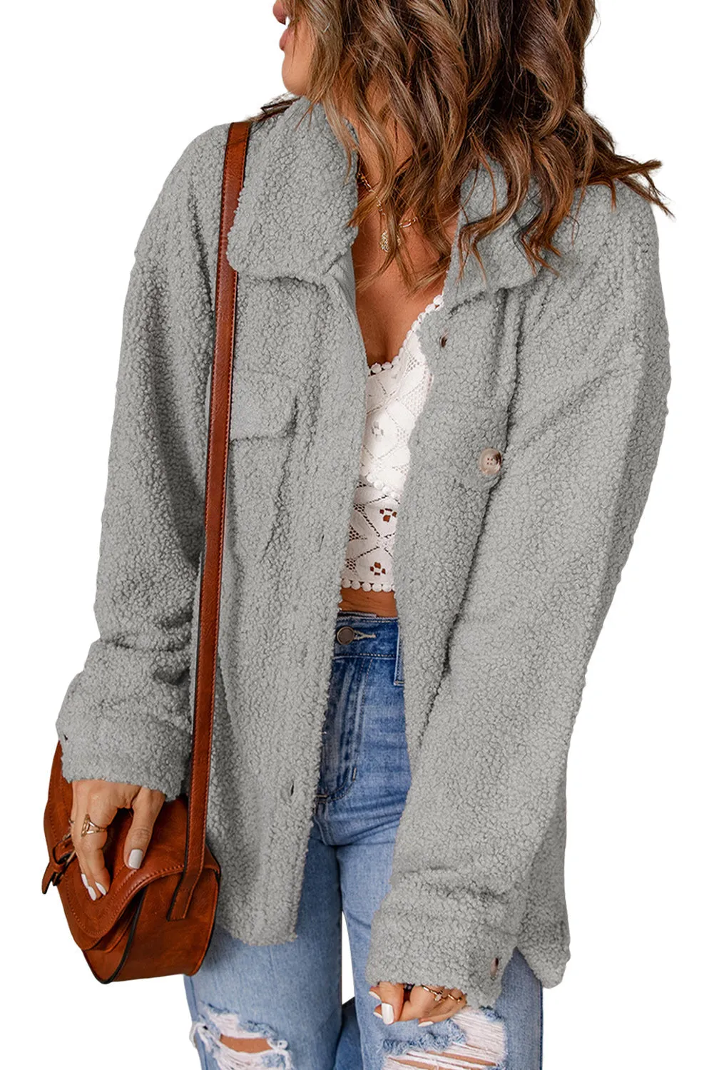 Flap Pockets Button Front Teddy Coat
