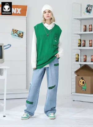 Funny Plain Letter Jacquard Laminate Vest