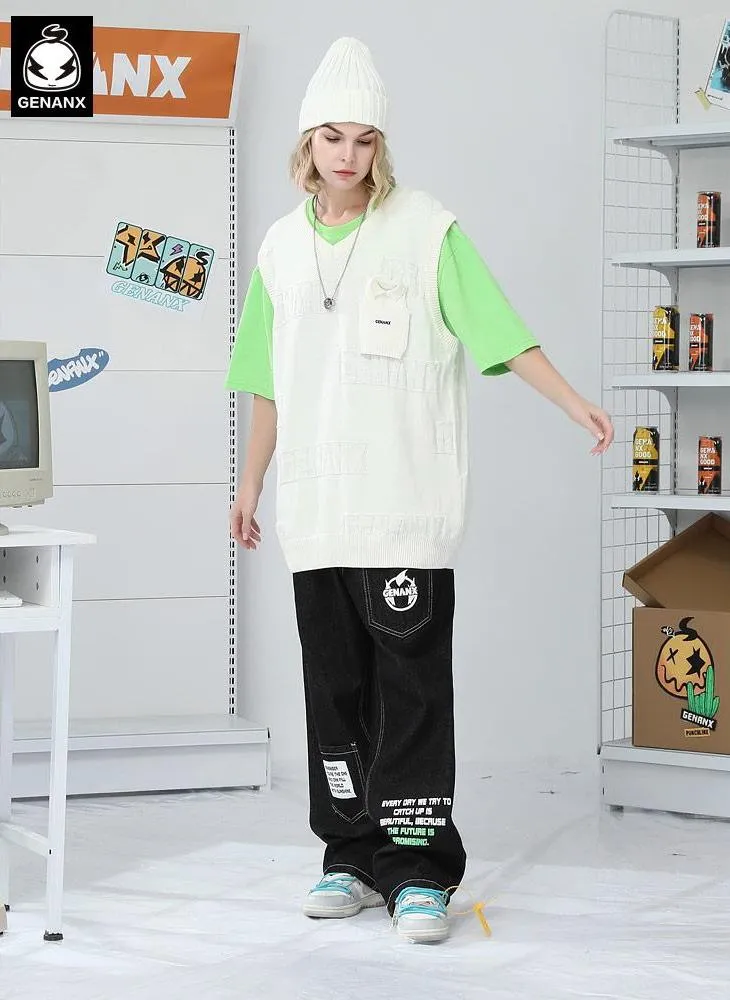 Funny Plain Letter Jacquard Laminate Vest