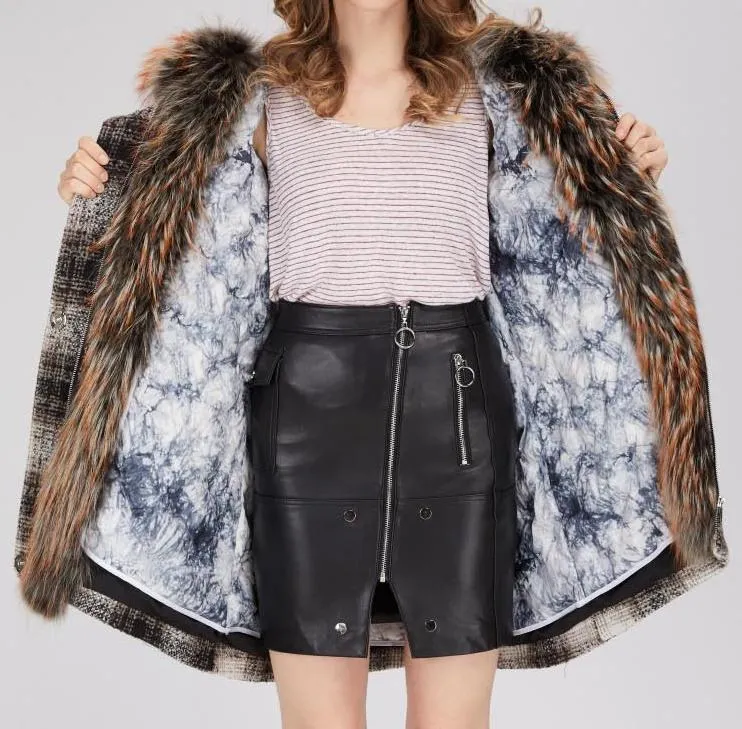 Fur-Trim Plaid Wool Coat, Natural