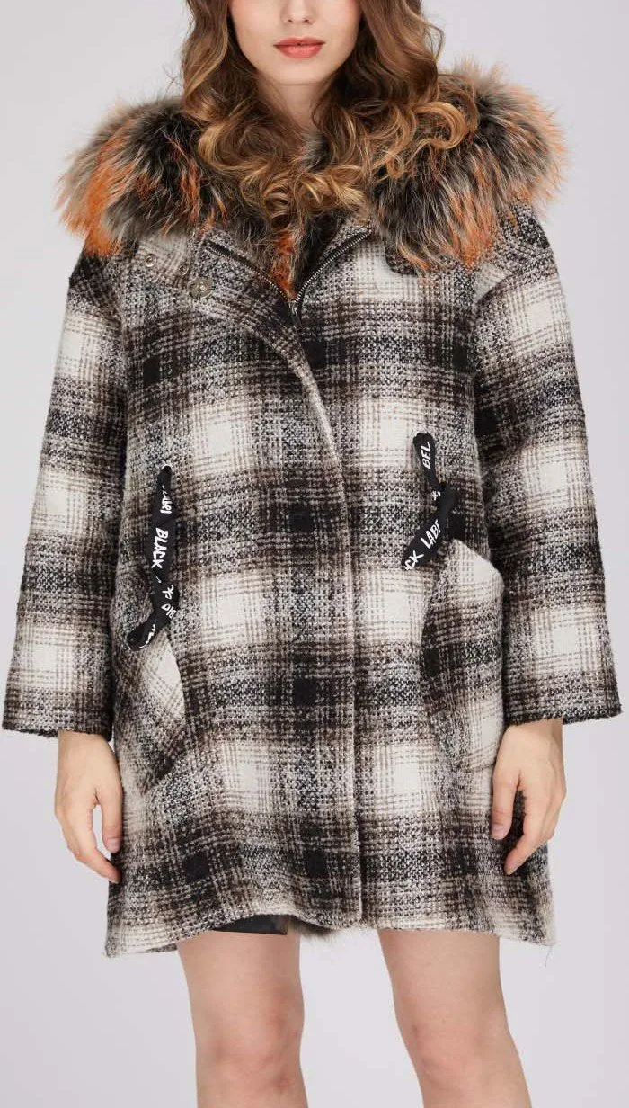 Fur-Trim Plaid Wool Coat, Natural