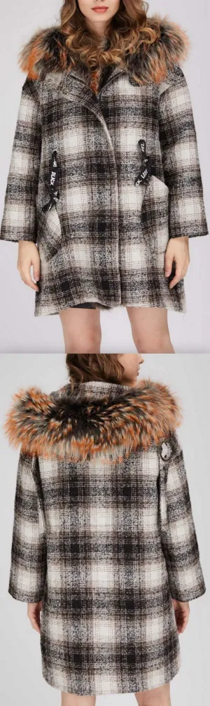Fur-Trim Plaid Wool Coat, Natural