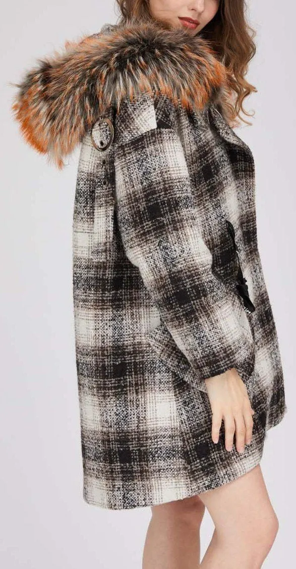 Fur-Trim Plaid Wool Coat, Natural