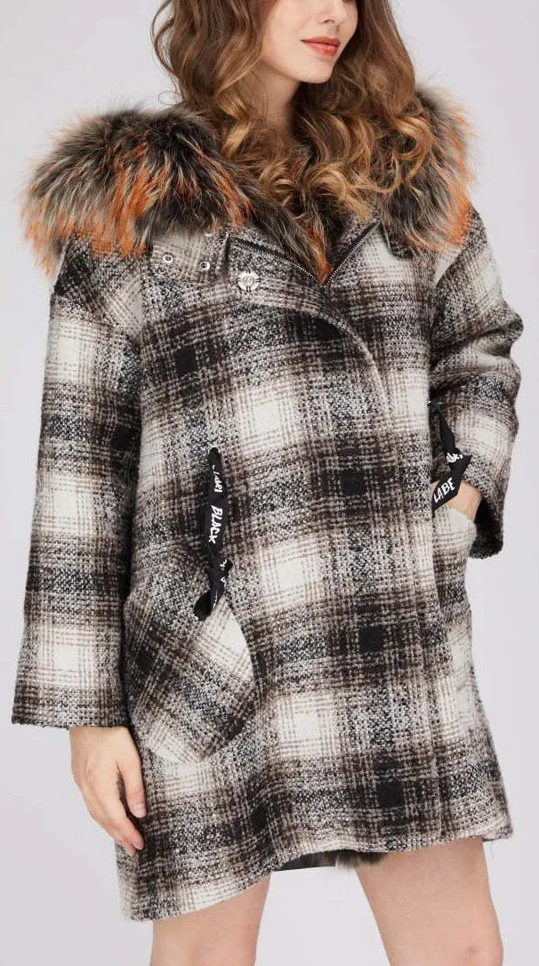 Fur-Trim Plaid Wool Coat, Natural