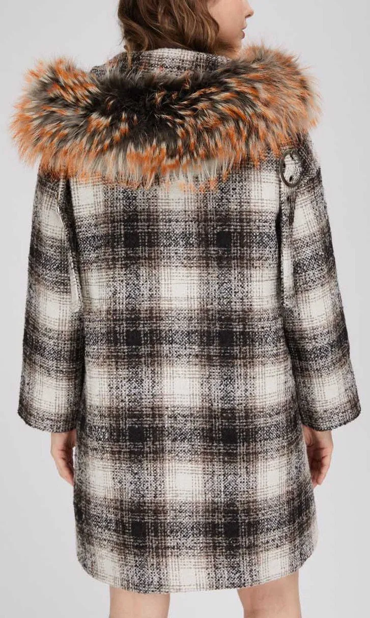 Fur-Trim Plaid Wool Coat, Natural