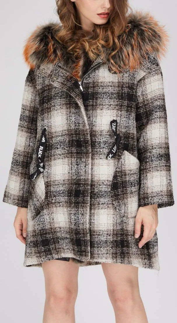 Fur-Trim Plaid Wool Coat, Natural