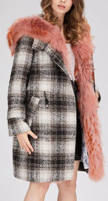 Fur-Trim Plaid Wool Coat, Pink Fur