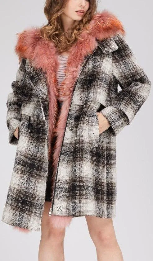 Fur-Trim Plaid Wool Coat, Pink Fur