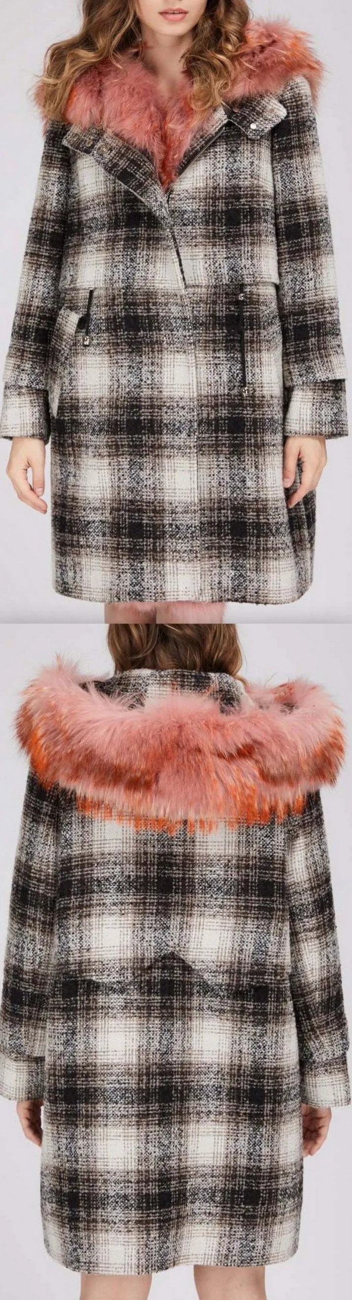 Fur-Trim Plaid Wool Coat, Pink Fur