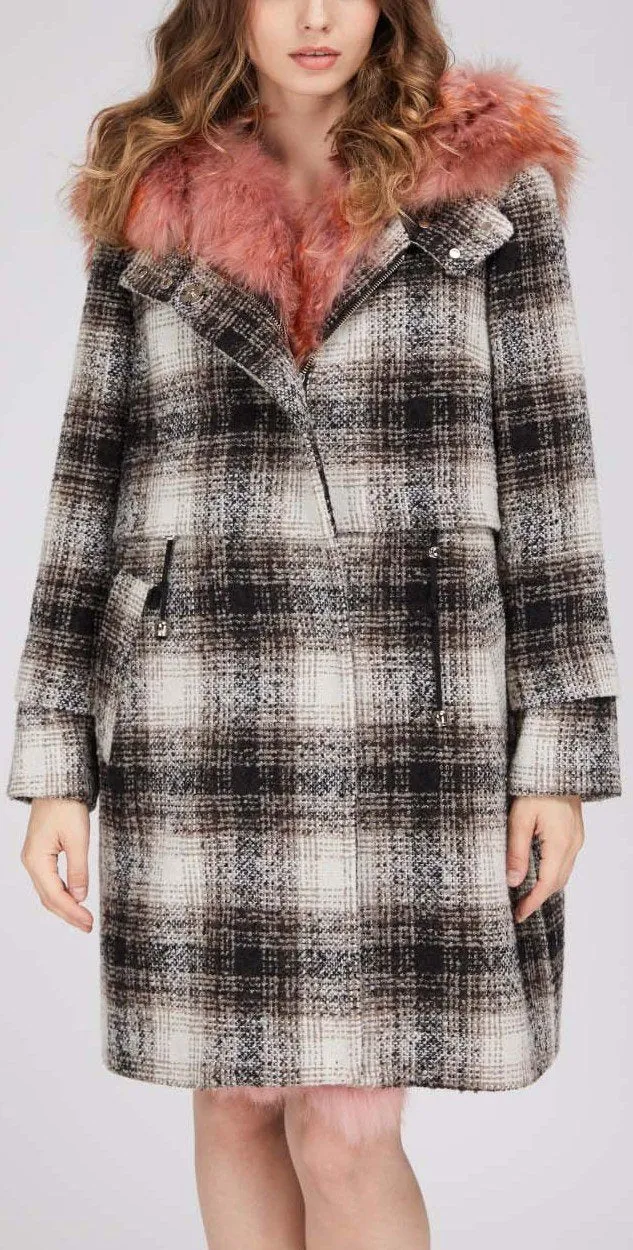 Fur-Trim Plaid Wool Coat, Pink Fur