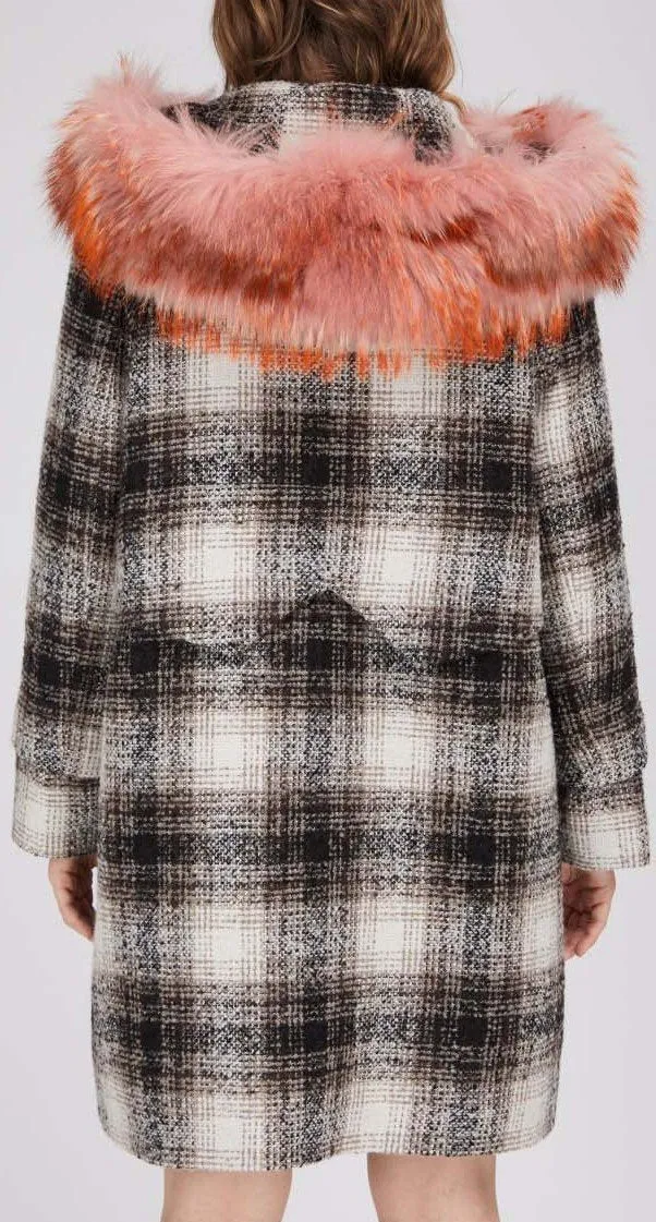 Fur-Trim Plaid Wool Coat, Pink Fur