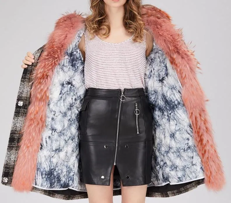 Fur-Trim Plaid Wool Coat, Pink Fur