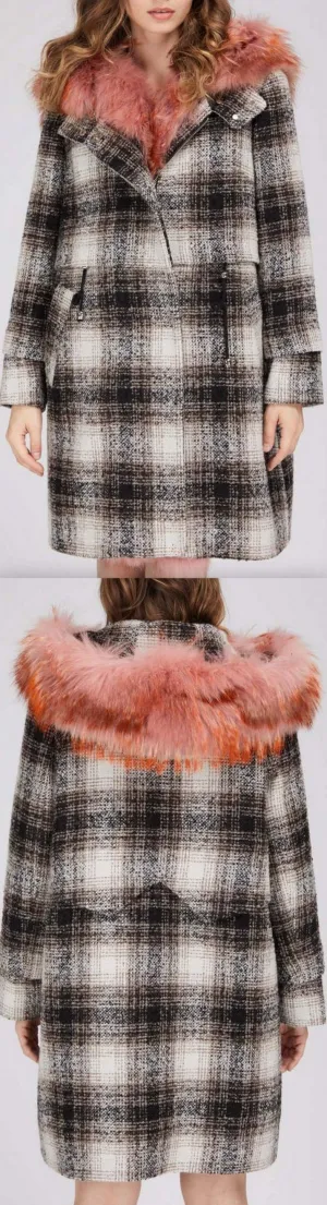 Fur-Trim Plaid Wool Coat, Pink Fur