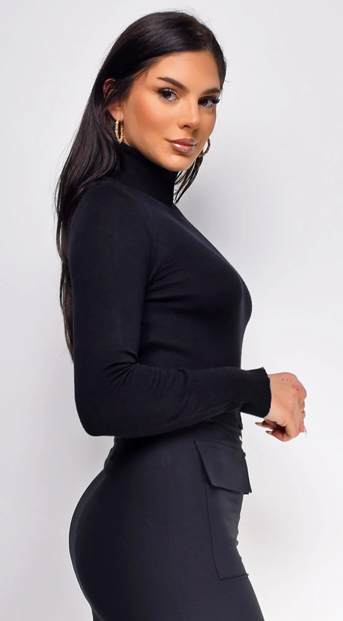 Gigi High Neck Long Sleeve Top - Black