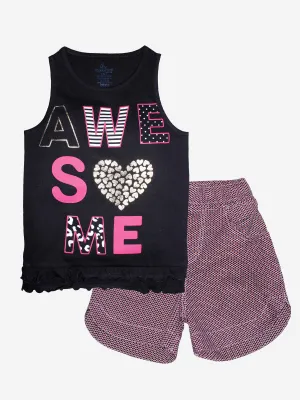 Girls Printed Sleeveless Tee & Polka Print Design Hot Short Set