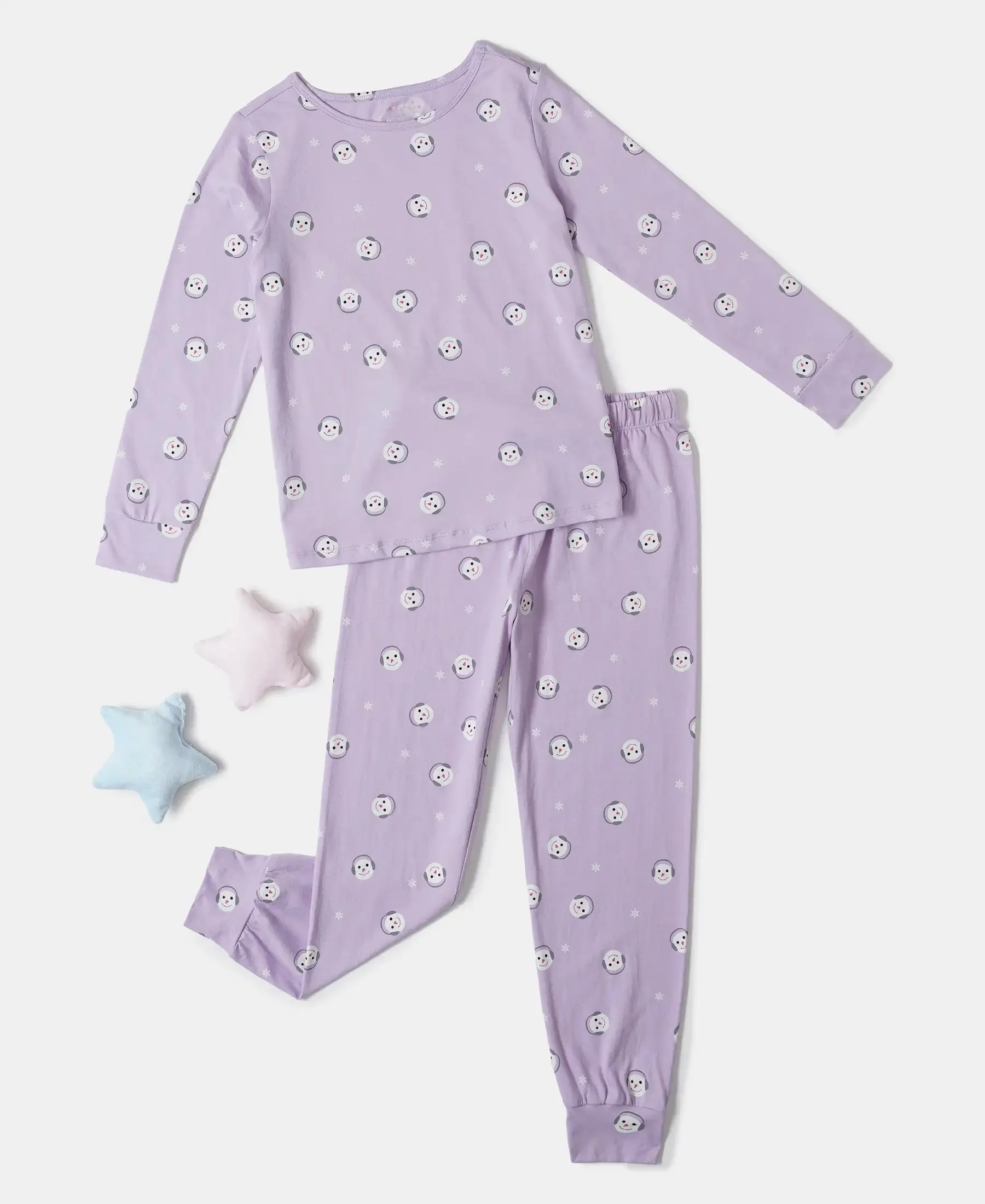 Girl's Super Combed Cotton Printed Full Sleeve T-Shirt and Pyjama Set - Lavendula