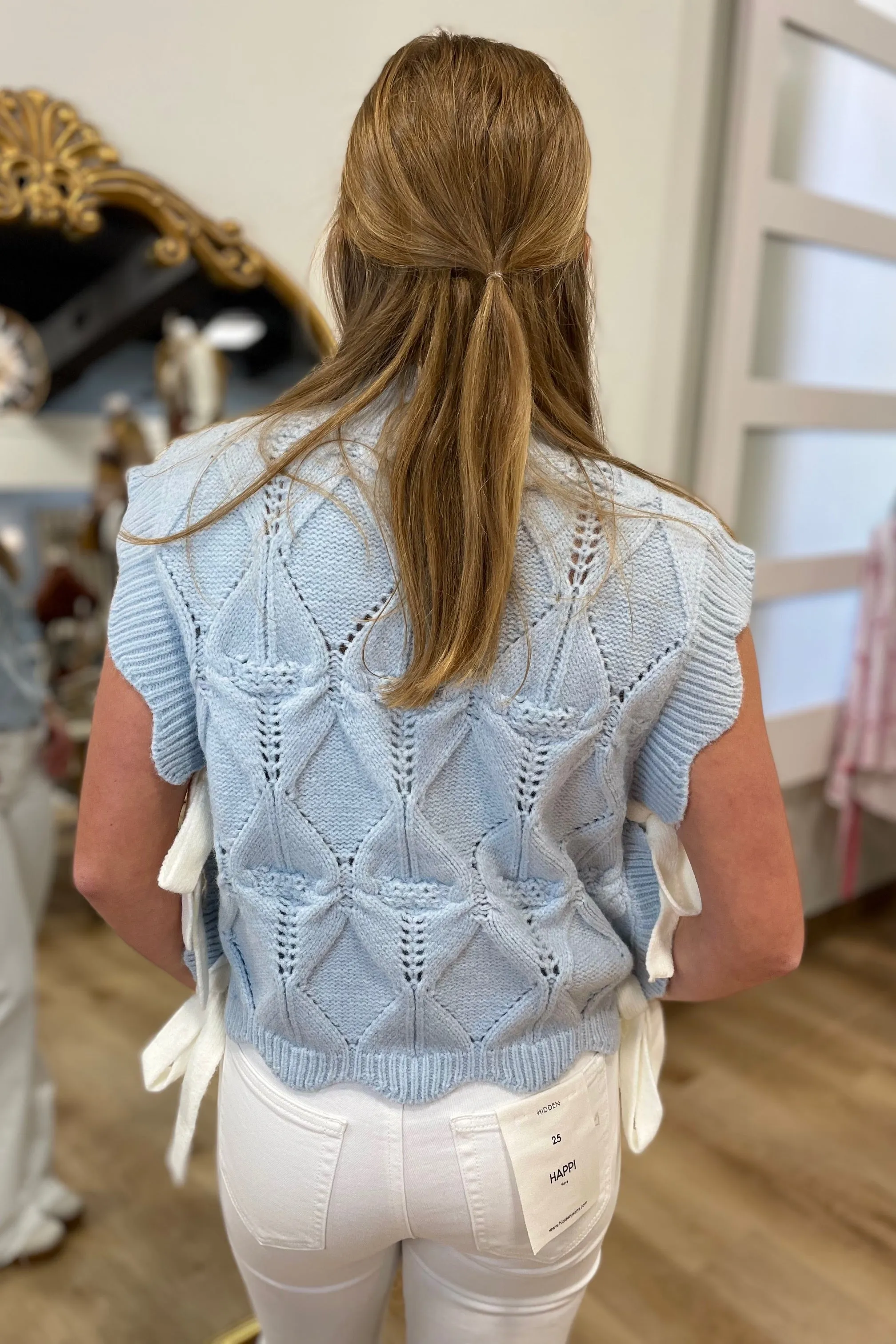 Kathy Scalloped Knit Vest w Side Bow Light Blue