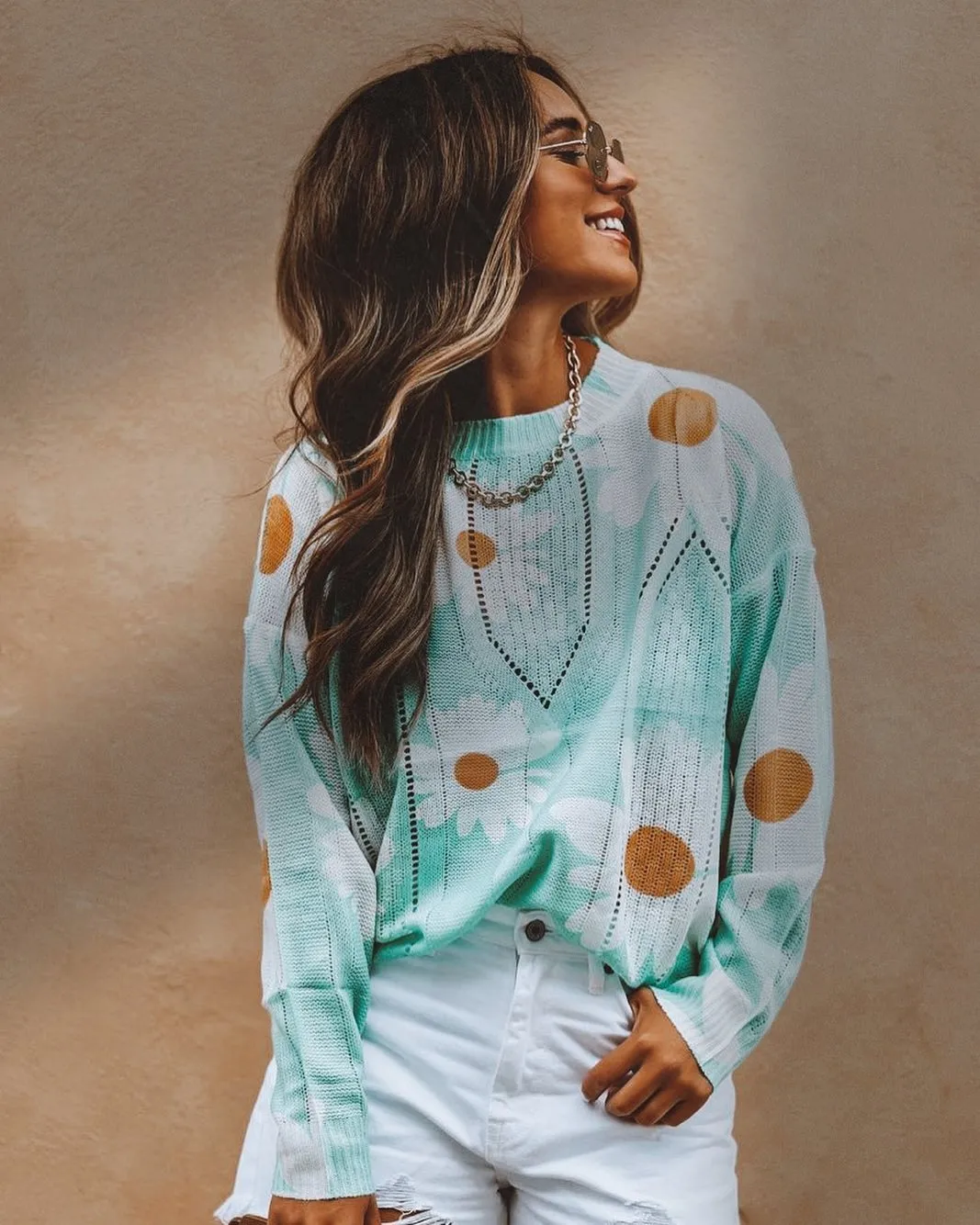 Light Blue Daisy Print Long Sleeve Sweater
