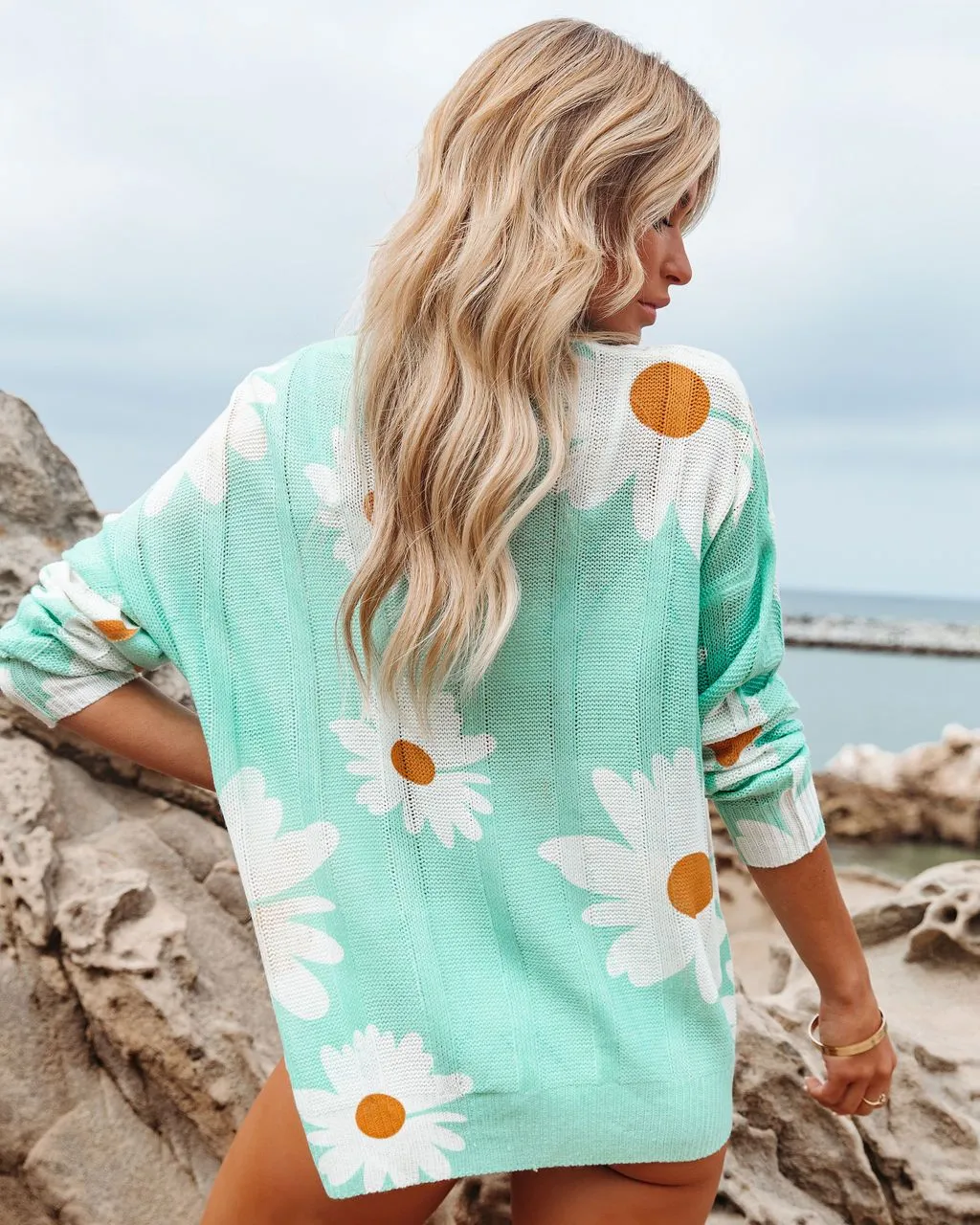 Light Blue Daisy Print Long Sleeve Sweater